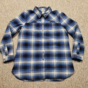 Duluth Shirt Women Large Blue Plaid Flannel Button Up Long Sleeve Pockets Hiking